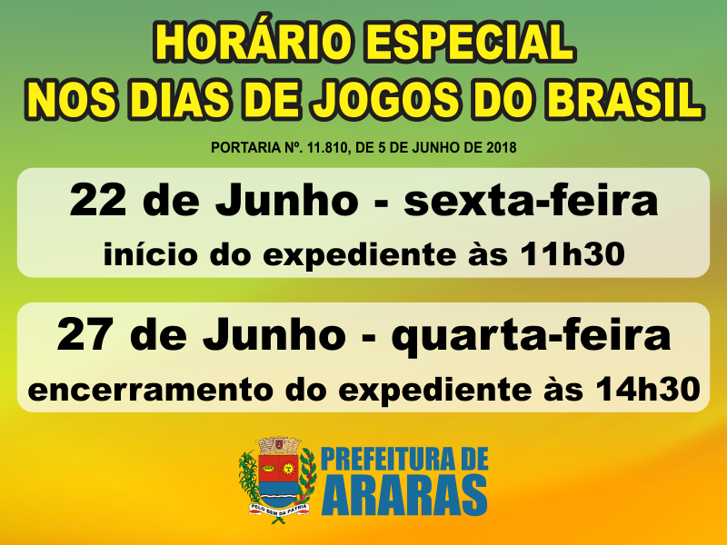 Confira o horário especial de atendimento nas repartições públicas nos dias  de jogos da Seleção Brasileira na Copa do Mundo